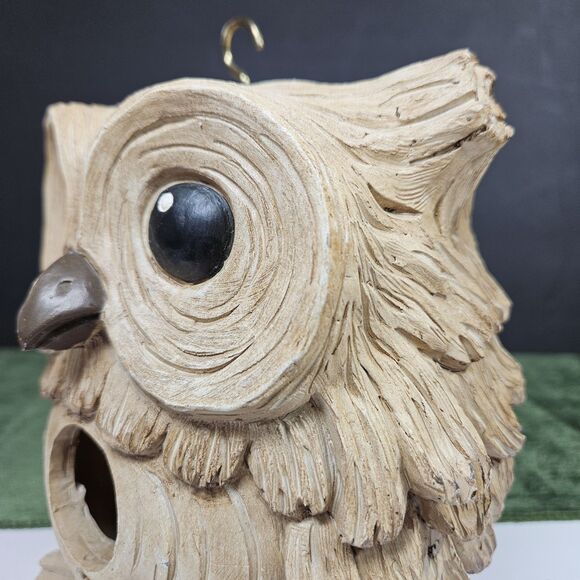 Vtg Carved Garden Hanging Owl Decor Small Nesting Resin Bird House Outdoor Cream - Picture 6 of 12